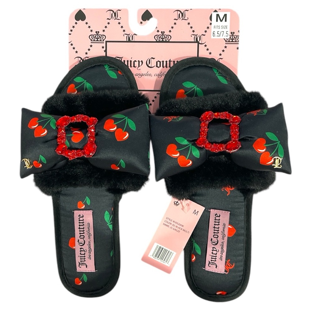 Juicy Couture Black with Red Cherry Heart Accent Slippers Size M(6.5/7.5)